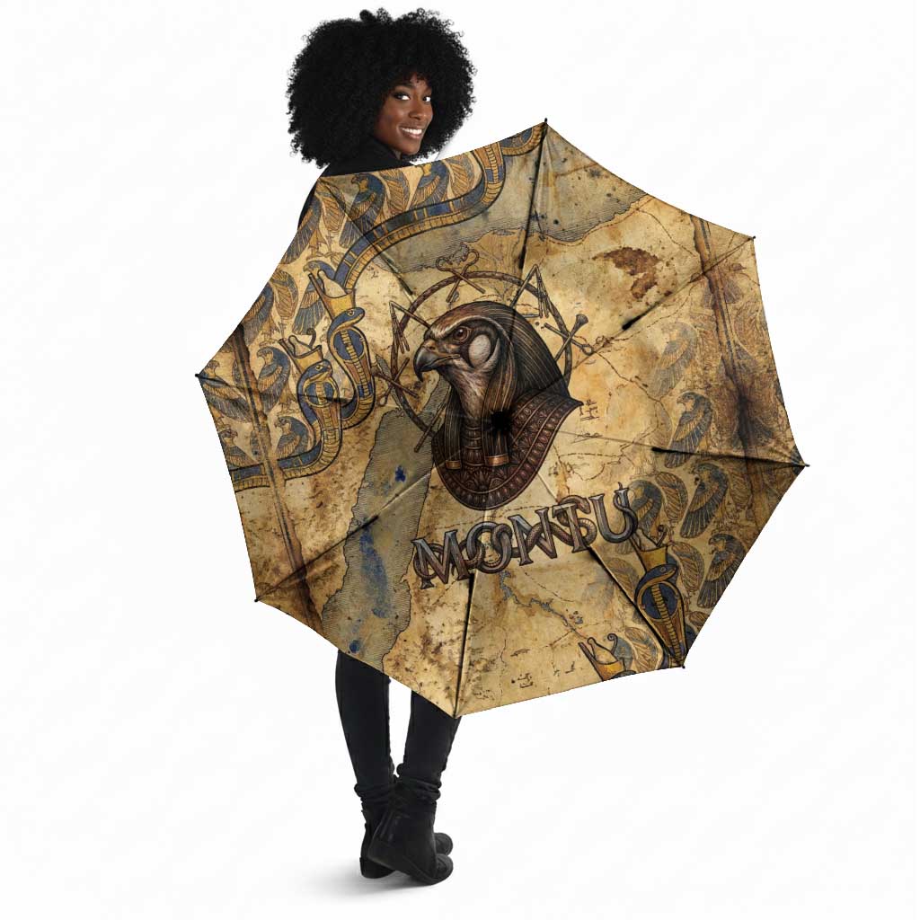 Montu Umbrella Falcon Head War God Ancient Egyptian Map Feathers and Sun Disk