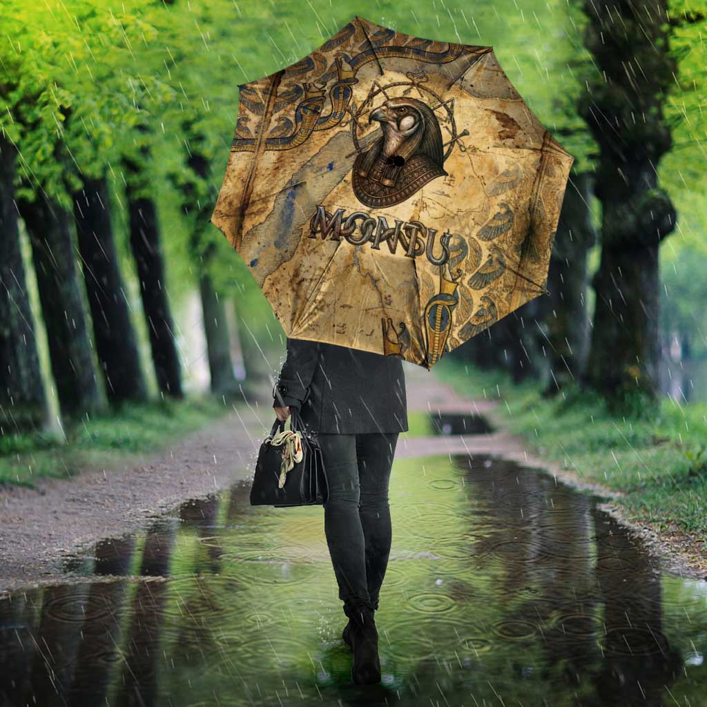 Montu Umbrella Falcon Head War God Ancient Egyptian Map Feathers and Sun Disk