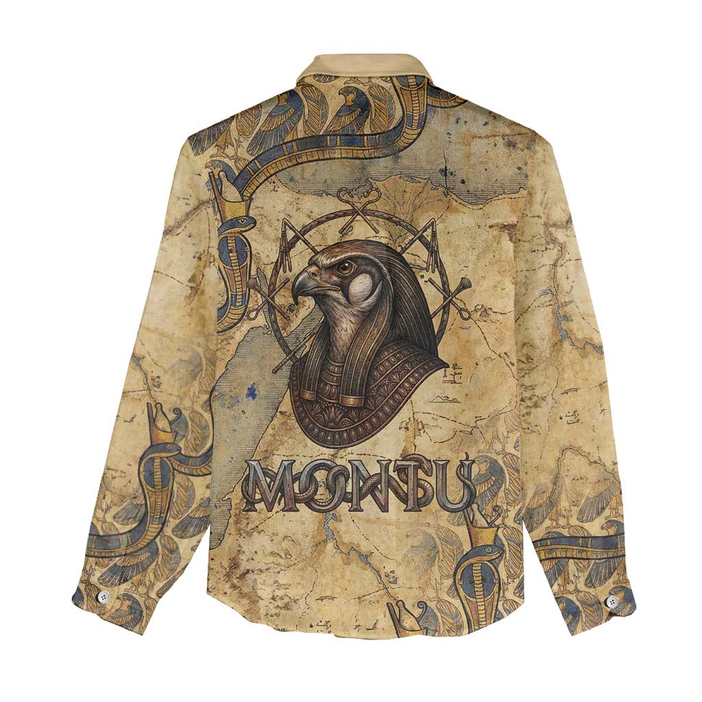 Montu Women Casual Shirt Falcon Head War God Ancient Egyptian Map Feathers and Sun Disk