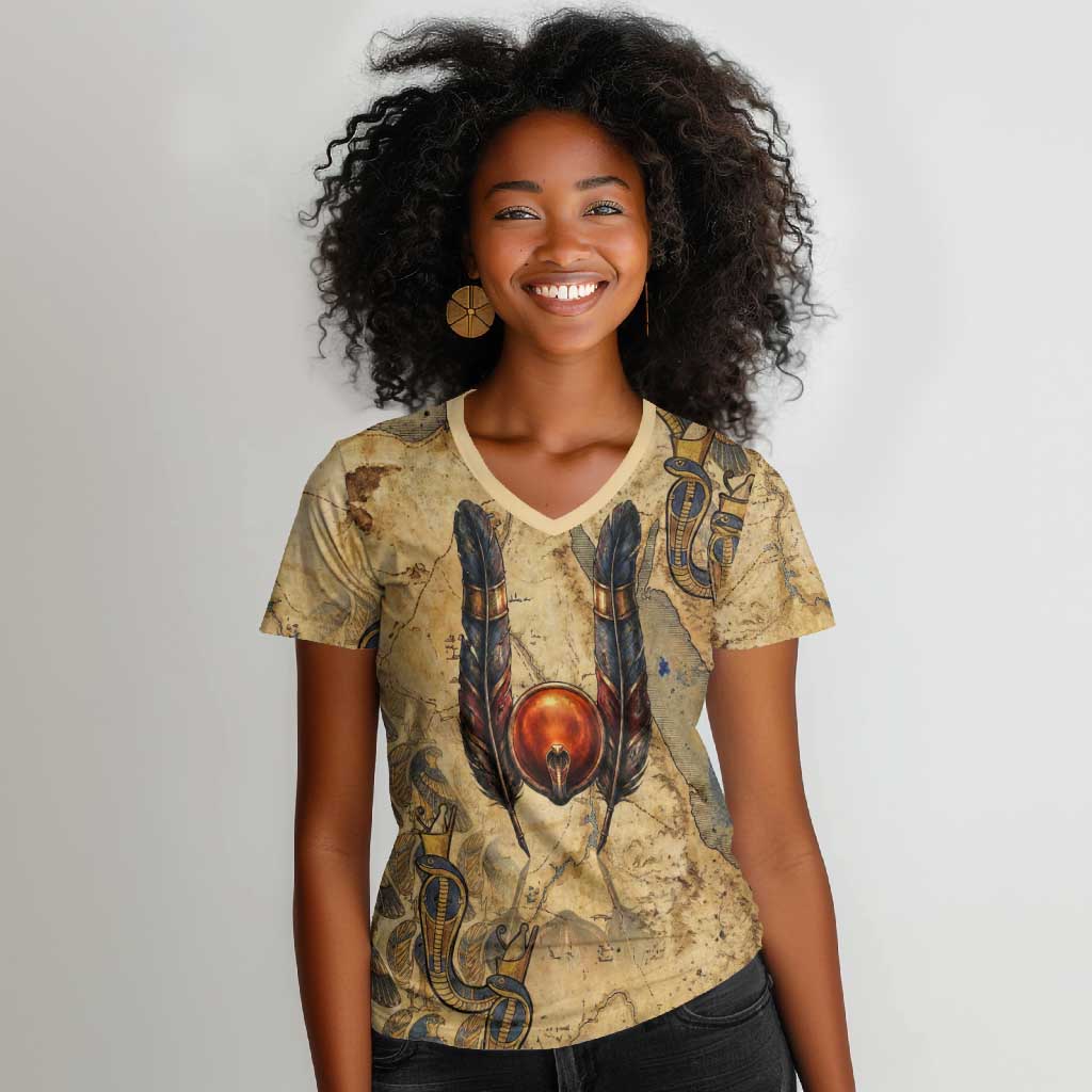 Montu Women V-Neck T-Shirt Falcon Head War God Ancient Egyptian Map Feathers and Sun Disk