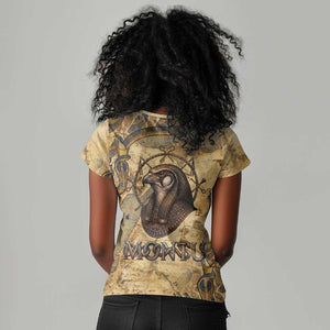 Montu Women V-Neck T-Shirt Falcon Head War God Ancient Egyptian Map Feathers and Sun Disk