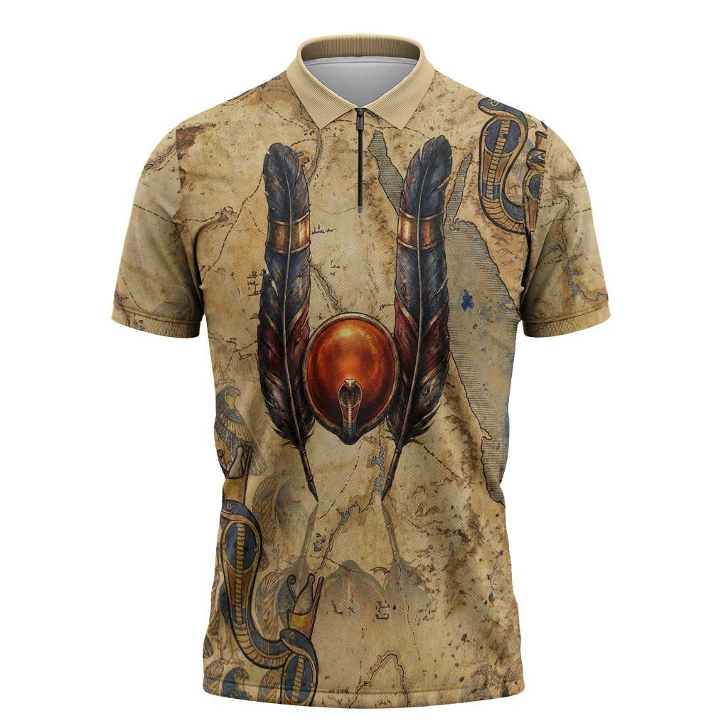 Montu Zipper Polo Shirt Falcon Head War God Ancient Egyptian Map Feathers and Sun Disk
