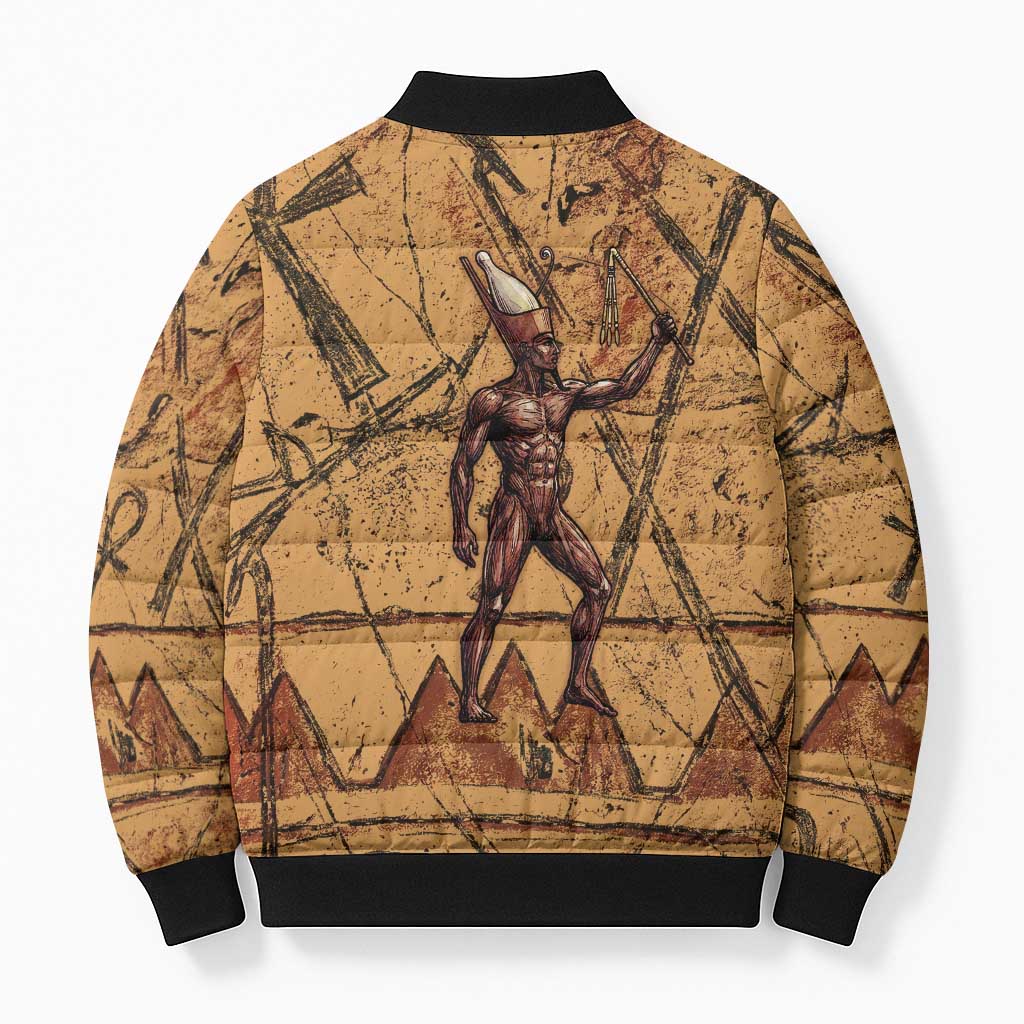Min Ancient Egyptian Bomber Puffer Jacket Fertility Symbol Sandstone Ankh Pyramid Pattern