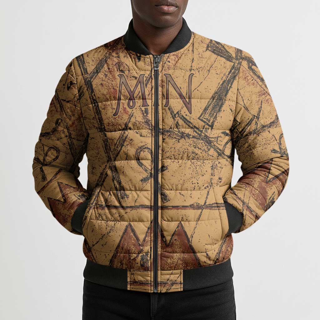 Min Ancient Egyptian Bomber Puffer Jacket Fertility Symbol Sandstone Ankh Pyramid Pattern