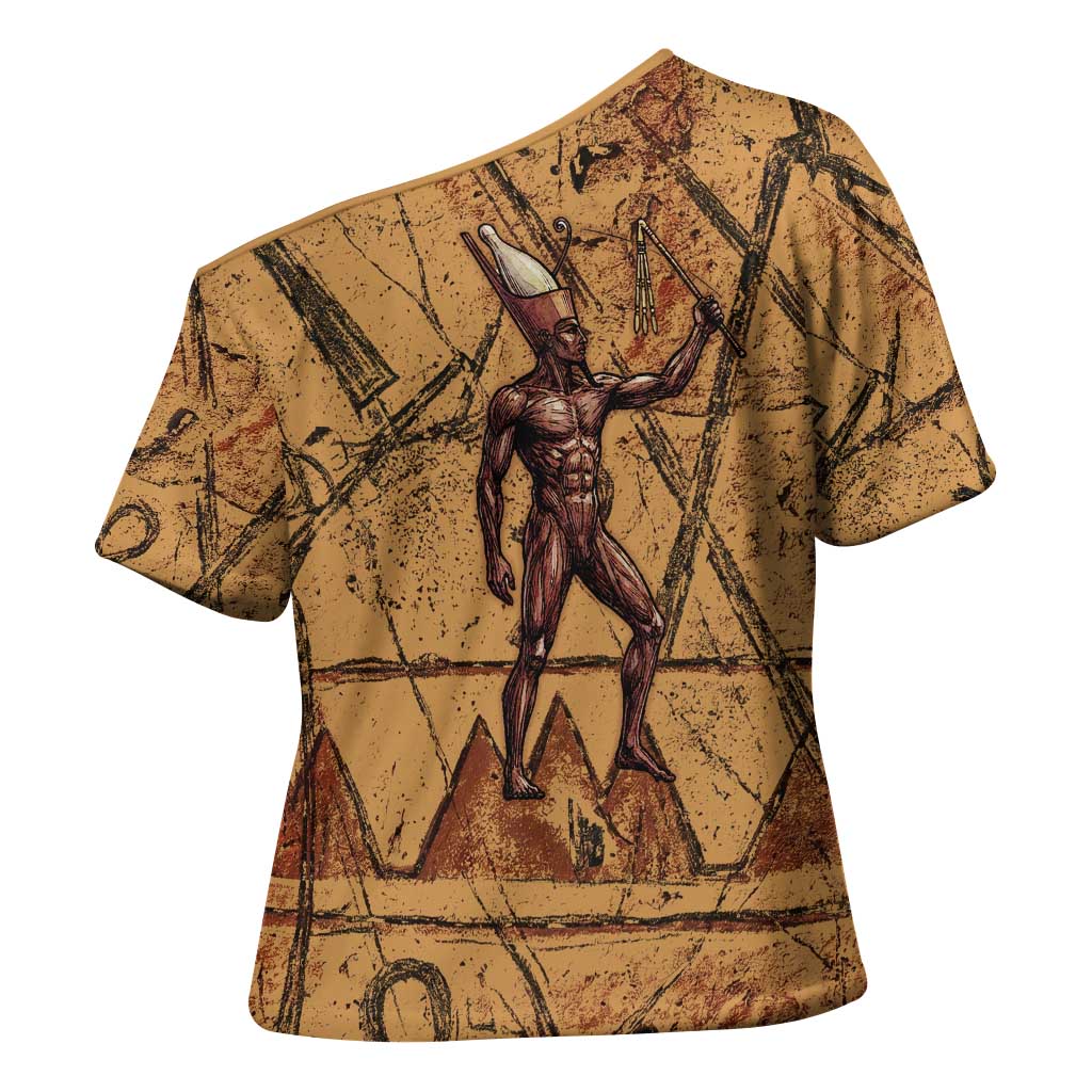 Min Ancient Egyptian Cross Shoulder Shirt Fertility Symbol Sandstone Ankh Pyramid Pattern