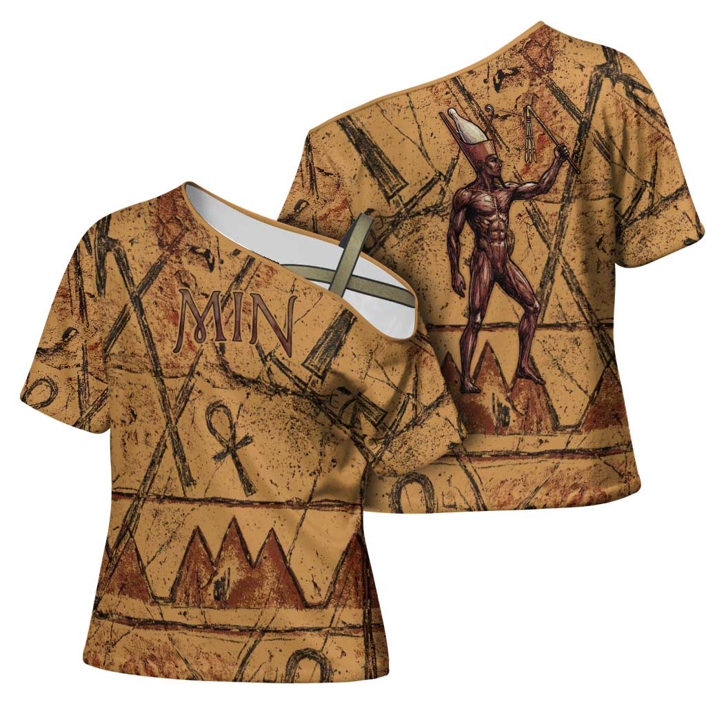 Min Ancient Egyptian Cross Shoulder Shirt Fertility Symbol Sandstone Ankh Pyramid Pattern