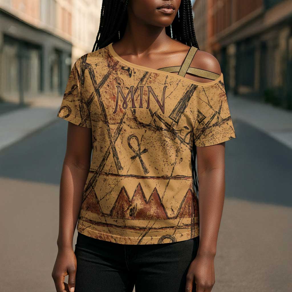 Min Ancient Egyptian Cross Shoulder Shirt Fertility Symbol Sandstone Ankh Pyramid Pattern