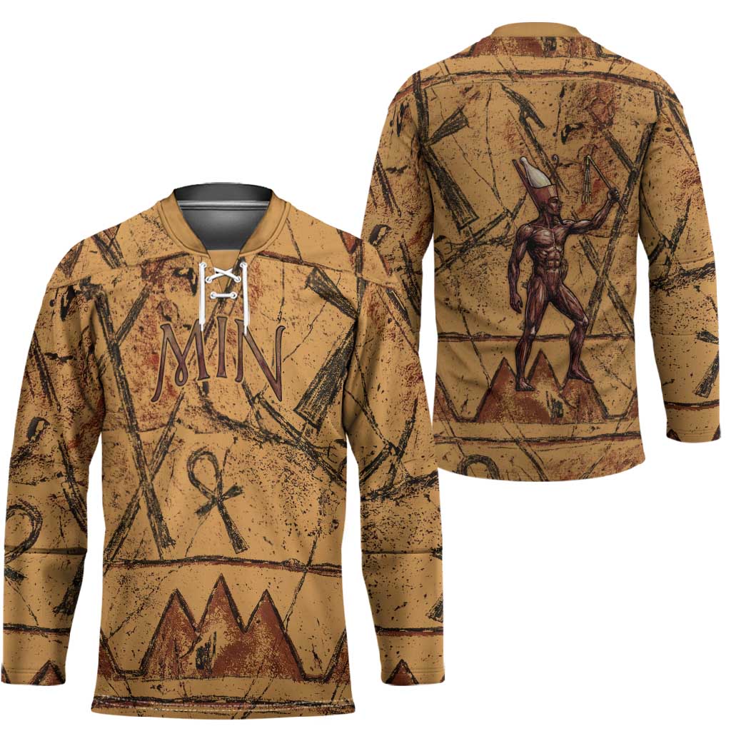 Min Ancient Egyptian Hockey Jersey Fertility Symbol Sandstone Ankh Pyramid Pattern