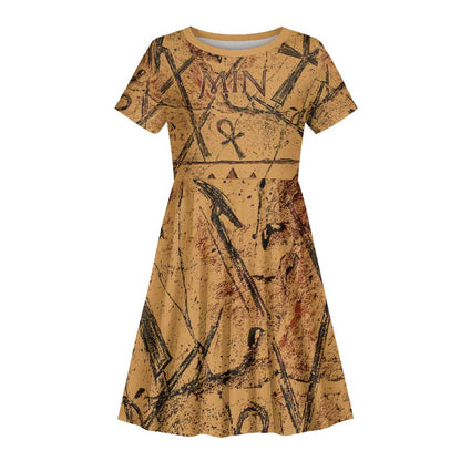Min Ancient Egyptian Kid Short Sleeve Dress Fertility Symbol Sandstone Ankh Pyramid Pattern