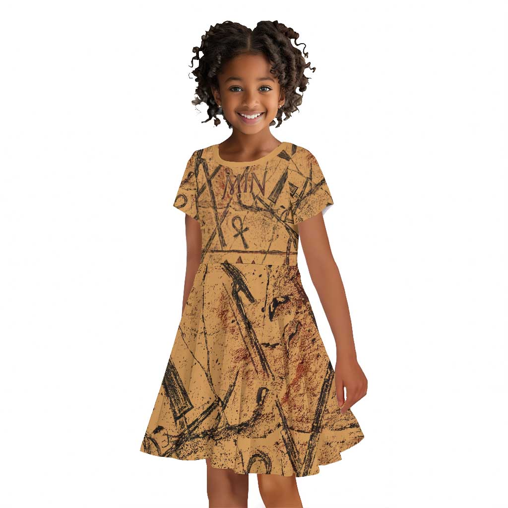 Min Ancient Egyptian Kid Short Sleeve Dress Fertility Symbol Sandstone Ankh Pyramid Pattern