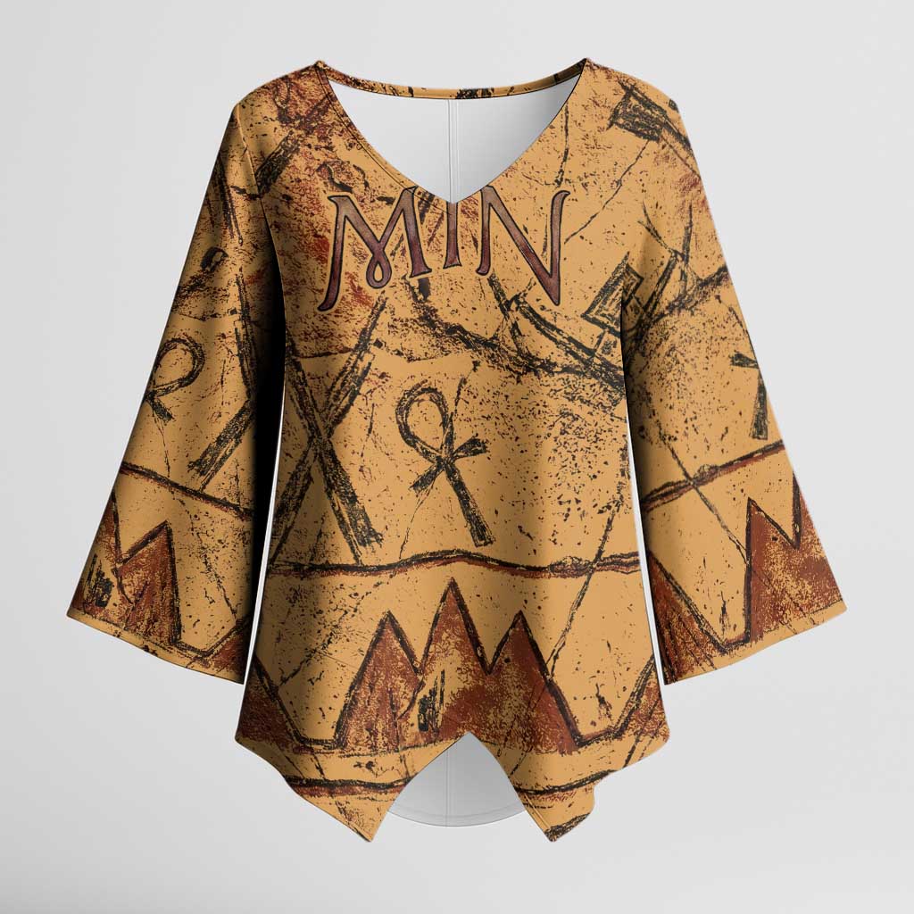 Min Ancient Egyptian Kimono Sleeve Blouse Fertility Symbol Sandstone Ankh Pyramid Pattern