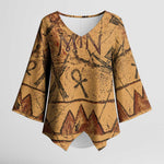 Min Ancient Egyptian Kimono Sleeve Blouse Fertility Symbol Sandstone Ankh Pyramid Pattern