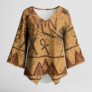 Min Ancient Egyptian Kimono Sleeve Blouse Fertility Symbol Sandstone Ankh Pyramid Pattern