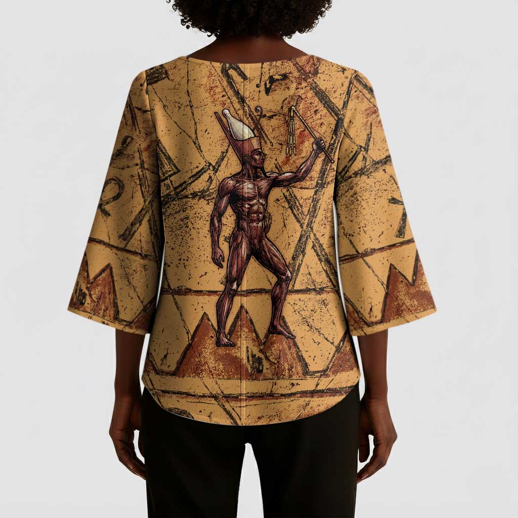 Min Ancient Egyptian Kimono Sleeve Blouse Fertility Symbol Sandstone Ankh Pyramid Pattern