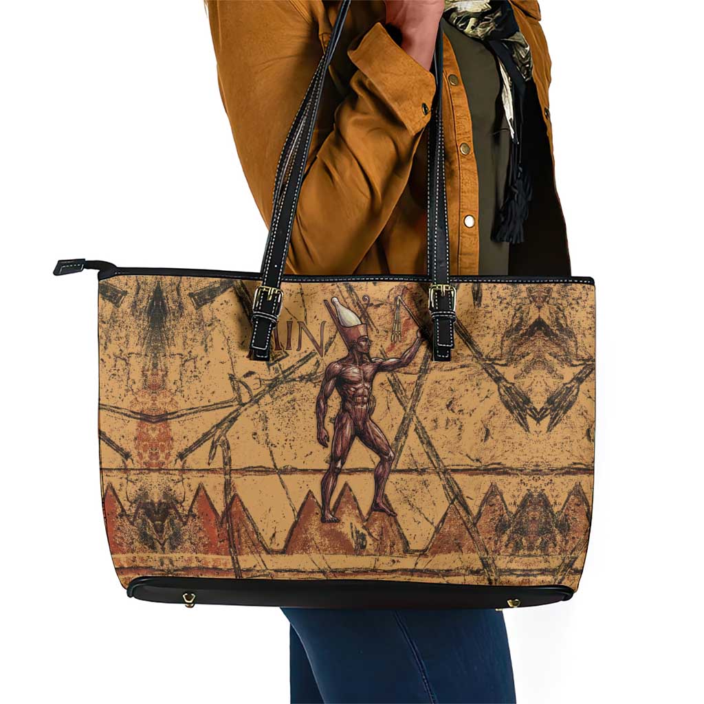 Min Ancient Egyptian Leather Tote Bag Fertility Symbol Sandstone Ankh Pyramid Pattern