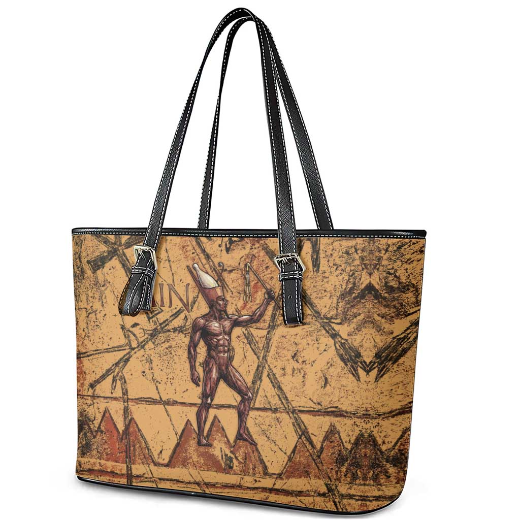 Min Ancient Egyptian Leather Tote Bag Fertility Symbol Sandstone Ankh Pyramid Pattern