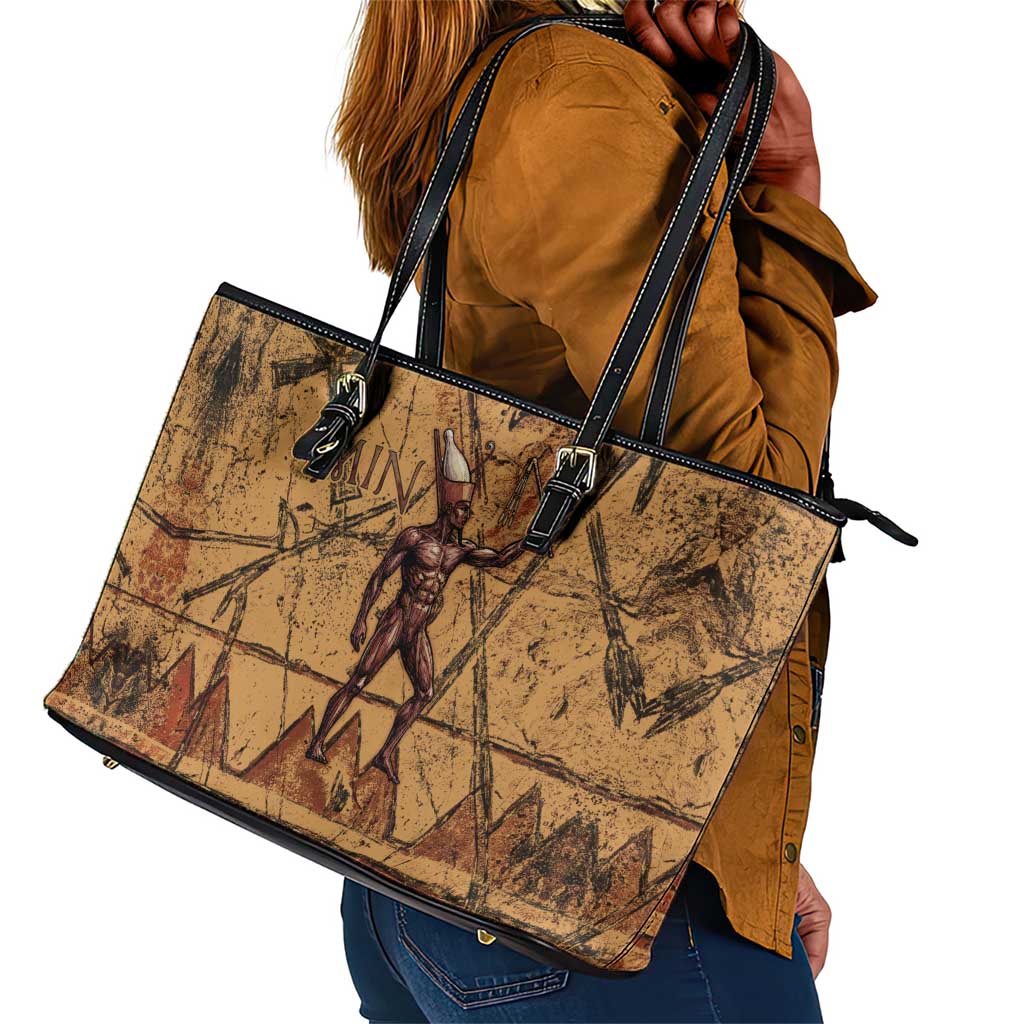 Min Ancient Egyptian Leather Tote Bag Fertility Symbol Sandstone Ankh Pyramid Pattern