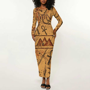 Min Ancient Egyptian Long Sleeve Bodycon Dress Fertility Symbol Sandstone Ankh Pyramid Pattern