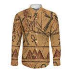Min Ancient Egyptian Long Sleeve Button Shirt Fertility Symbol Sandstone Ankh Pyramid Pattern