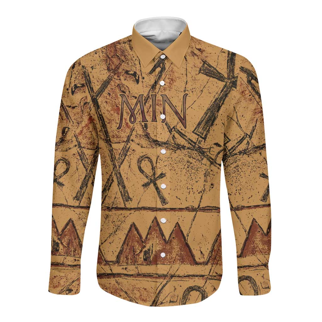 Min Ancient Egyptian Long Sleeve Button Shirt Fertility Symbol Sandstone Ankh Pyramid Pattern