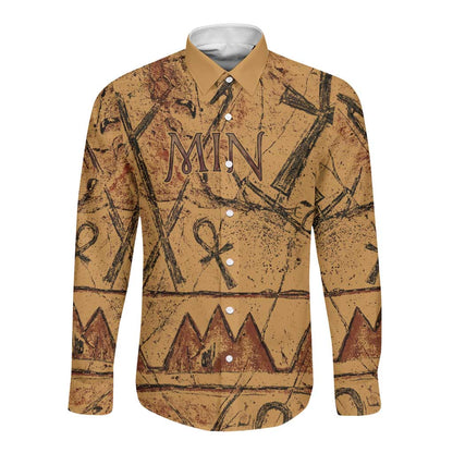 Min Ancient Egyptian Long Sleeve Button Shirt Fertility Symbol Sandstone Ankh Pyramid Pattern