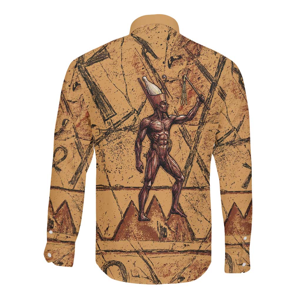 Min Ancient Egyptian Long Sleeve Button Shirt Fertility Symbol Sandstone Ankh Pyramid Pattern