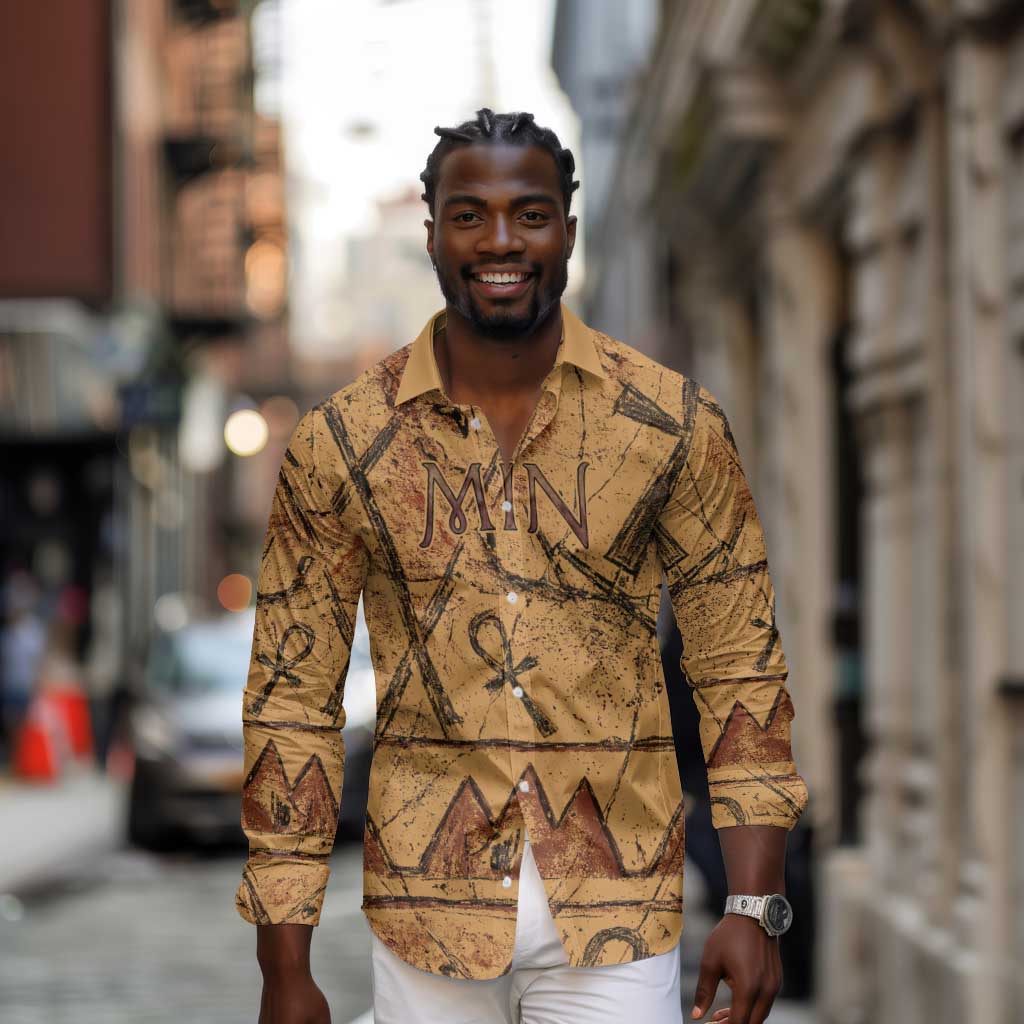 Min Ancient Egyptian Long Sleeve Button Shirt Fertility Symbol Sandstone Ankh Pyramid Pattern