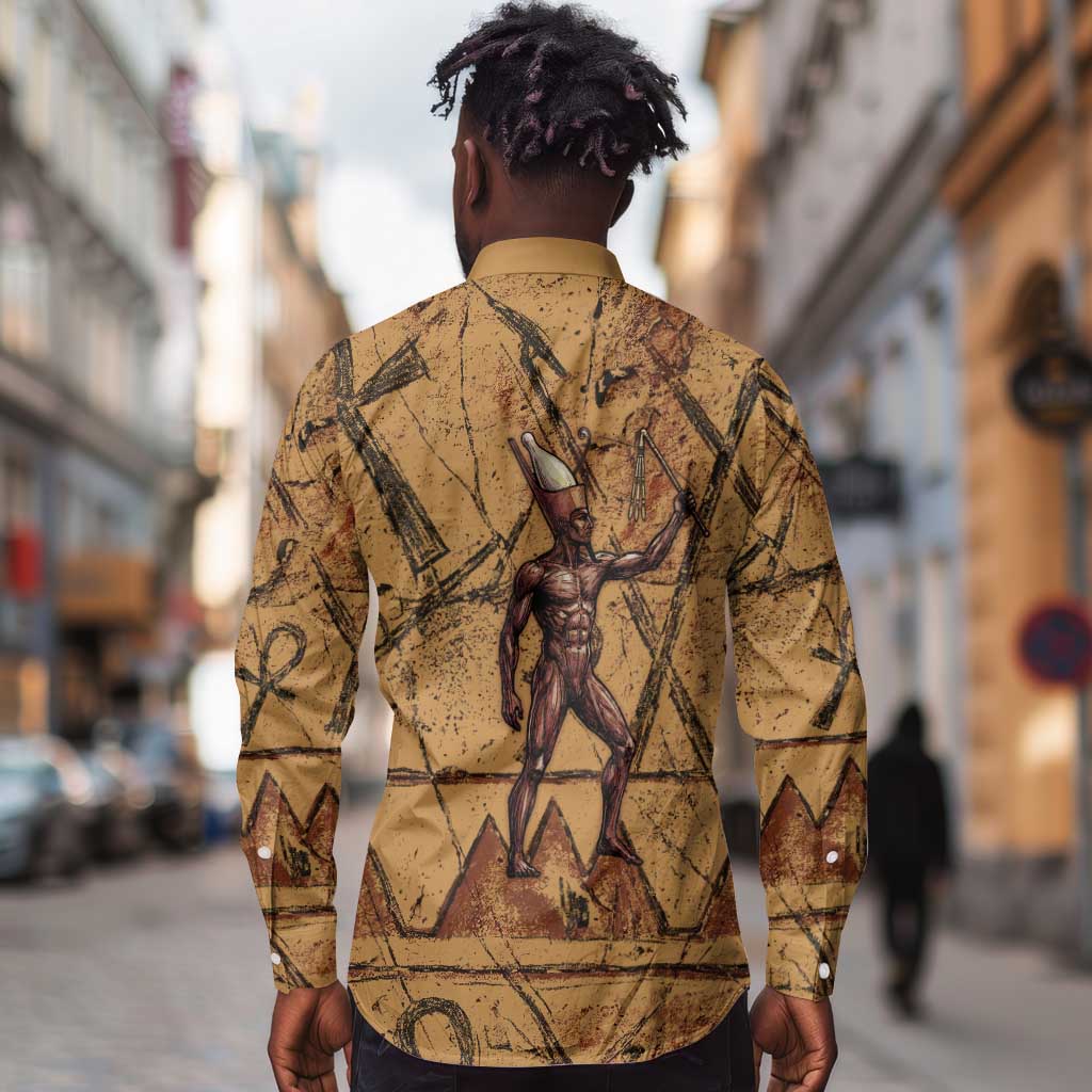 Min Ancient Egyptian Long Sleeve Button Shirt Fertility Symbol Sandstone Ankh Pyramid Pattern