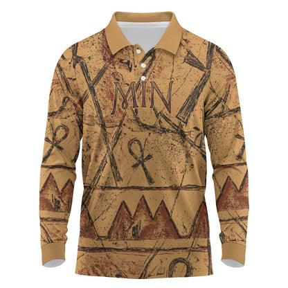 Min Ancient Egyptian Long Sleeve Polo Shirt Fertility Symbol Sandstone Ankh Pyramid Pattern