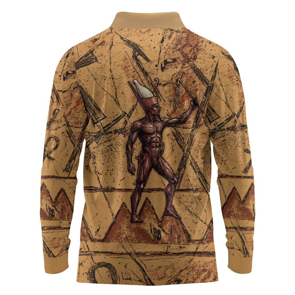 Min Ancient Egyptian Long Sleeve Polo Shirt Fertility Symbol Sandstone Ankh Pyramid Pattern