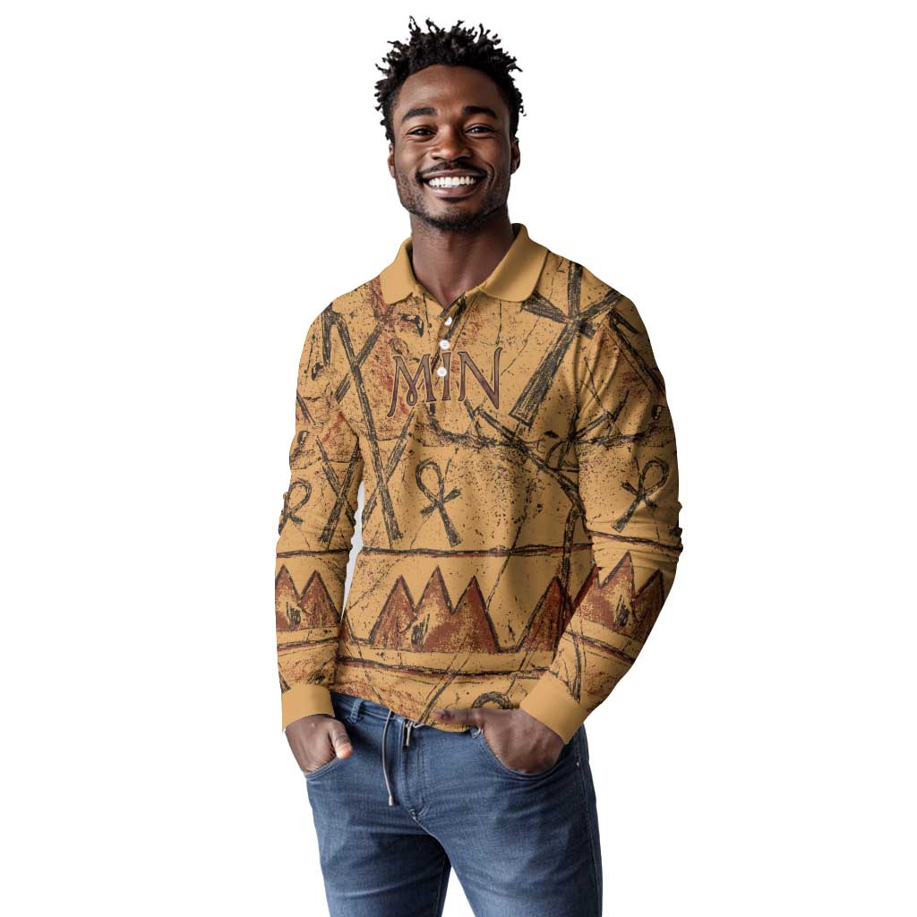 Min Ancient Egyptian Long Sleeve Polo Shirt Fertility Symbol Sandstone Ankh Pyramid Pattern