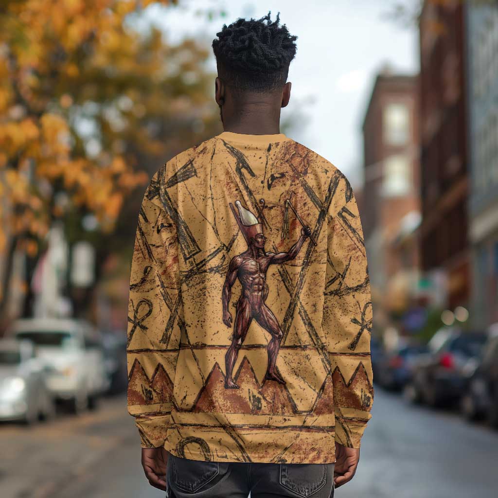 Min Ancient Egyptian Long Sleeve Shirt Fertility Symbol Sandstone Ankh Pyramid Pattern
