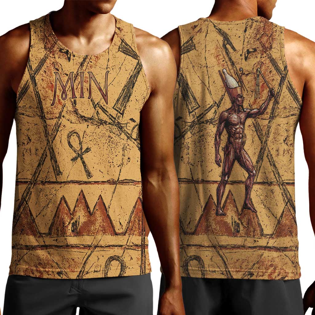 Min Ancient Egyptian Men Tank Top Fertility Symbol Sandstone Ankh Pyramid Pattern