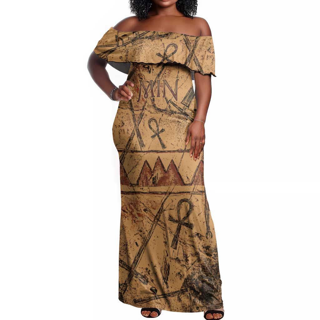 Min Ancient Egyptian Off Shoulder Maxi Dress Fertility Symbol Sandstone Ankh Pyramid Pattern
