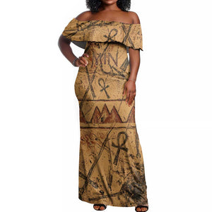 Min Ancient Egyptian Off Shoulder Maxi Dress Fertility Symbol Sandstone Ankh Pyramid Pattern