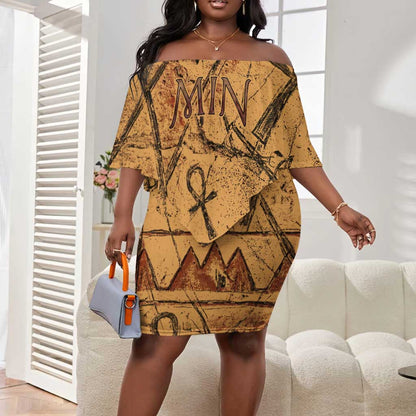 Min Ancient Egyptian Off Shoulder Short Dress Fertility Symbol Sandstone Ankh Pyramid Pattern