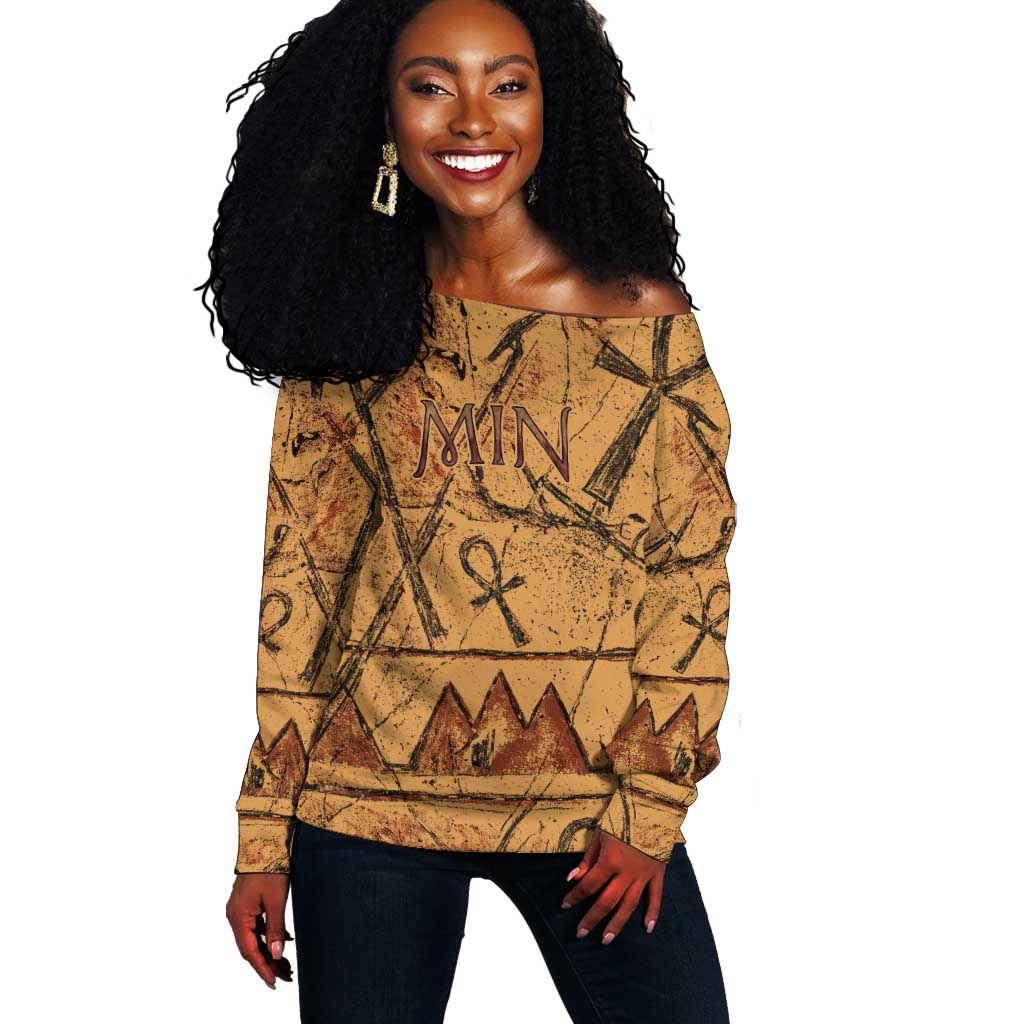 Min Ancient Egyptian Off Shoulder Sweater Fertility Symbol Sandstone Ankh Pyramid Pattern