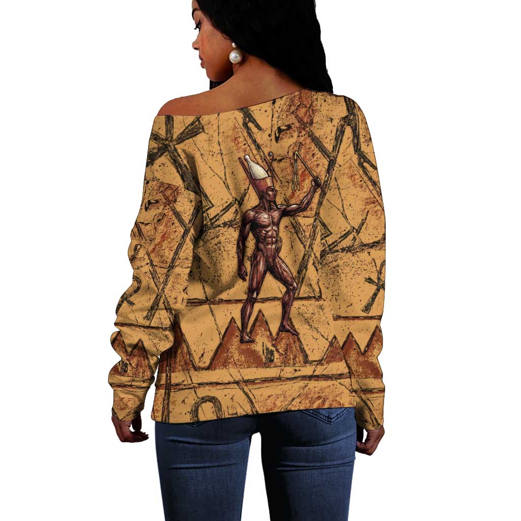 Min Ancient Egyptian Off Shoulder Sweater Fertility Symbol Sandstone Ankh Pyramid Pattern