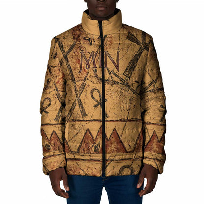 Min Ancient Egyptian Padded Jacket Fertility Symbol Sandstone Ankh Pyramid Pattern