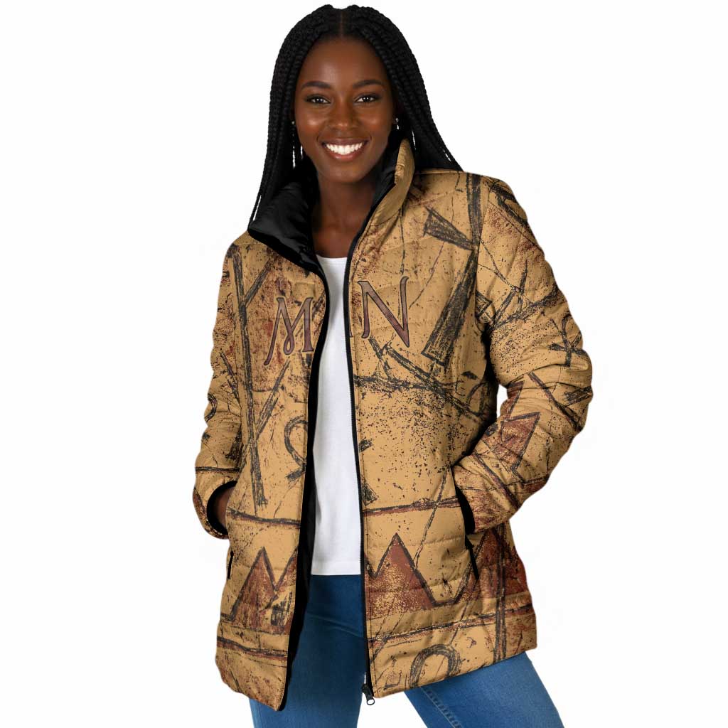 Min Ancient Egyptian Padded Jacket Fertility Symbol Sandstone Ankh Pyramid Pattern