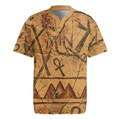 Min Ancient Egyptian Rugby Jersey Fertility Symbol Sandstone Ankh Pyramid Pattern