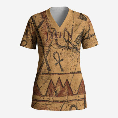 Min Ancient Egyptian Scrub Top Fertility Symbol Sandstone Ankh Pyramid Pattern