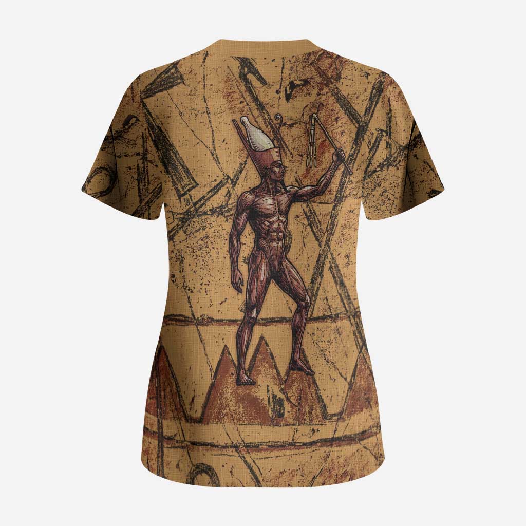 Min Ancient Egyptian Scrub Top Fertility Symbol Sandstone Ankh Pyramid Pattern