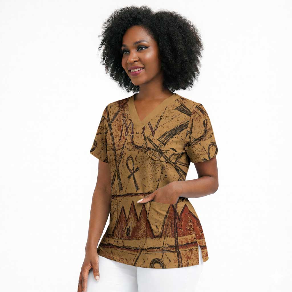 Min Ancient Egyptian Scrub Top Fertility Symbol Sandstone Ankh Pyramid Pattern