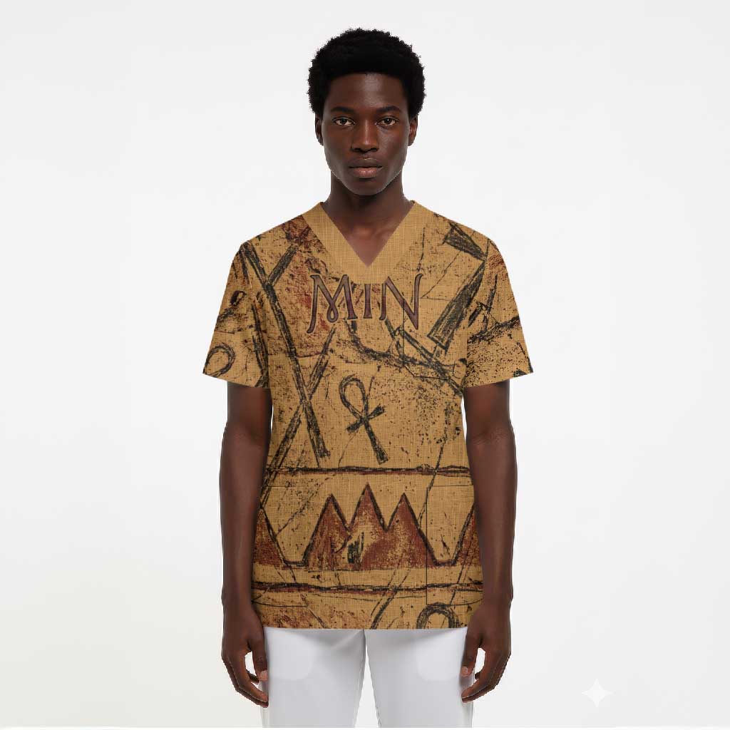Min Ancient Egyptian Scrub Top Fertility Symbol Sandstone Ankh Pyramid Pattern