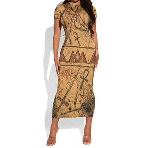 Min Ancient Egyptian Short Sleeve Bodycon Dress Fertility Symbol Sandstone Ankh Pyramid Pattern
