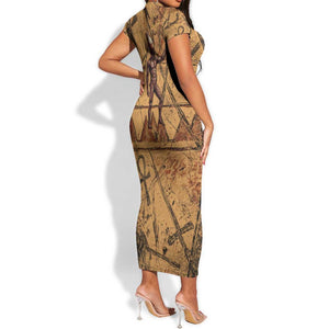 Min Ancient Egyptian Short Sleeve Bodycon Dress Fertility Symbol Sandstone Ankh Pyramid Pattern