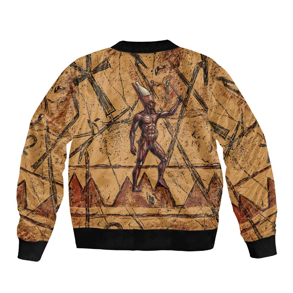Min Ancient Egyptian Sleeve Zip Bomber Jacket Fertility Symbol Sandstone Ankh Pyramid Pattern