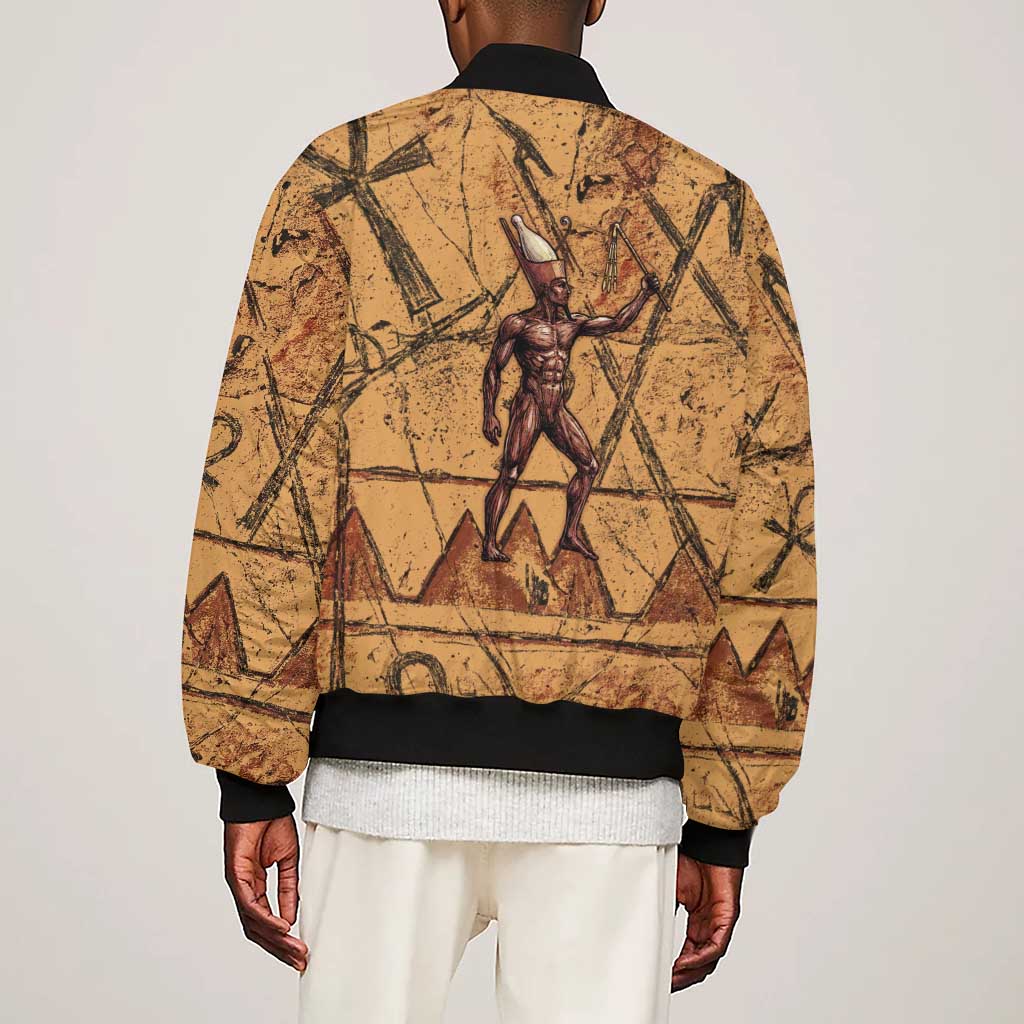 Min Ancient Egyptian Sleeve Zip Bomber Jacket Fertility Symbol Sandstone Ankh Pyramid Pattern