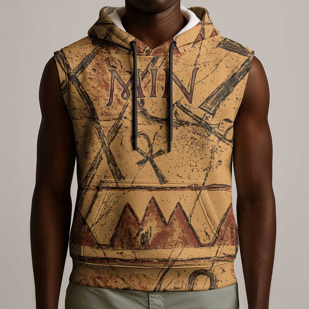 Min Ancient Egyptian Sleeveless Hoodie Fertility Symbol Sandstone Ankh Pyramid Pattern